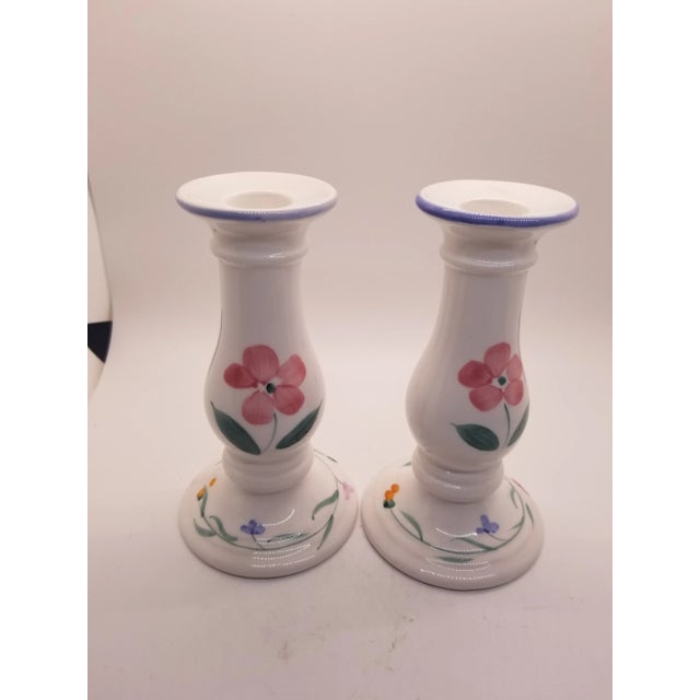 Vintage Country Cottage Style Pink Rose, Green Leaf, Purple Trim Candlesticks - a Pair For Sale - Image 4 of 4