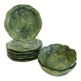 Vintage Italian Majolica Vietri Leonardo Ceramic Leaf Dishes- Set of 8 For Sale