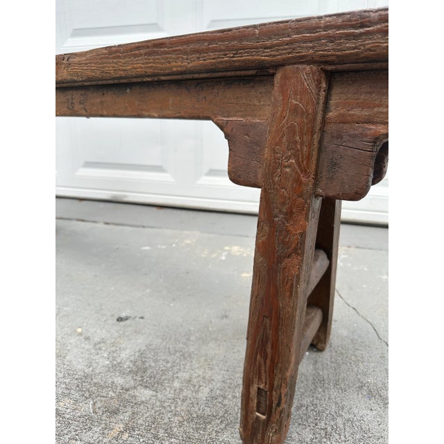 Early 20th Century Elm Wood Primitive Skinny Bench For Sale - Image 4 of 11