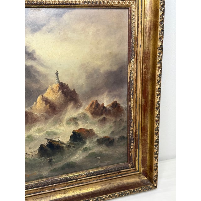 Late 19th Century Sarah Louisa Kilpack (1839–1909) | La Corbière Lighthouse, Jersey | Dramatic Victorian Marine Oil on Board, c.1880 For Sale - Image 5 of 18