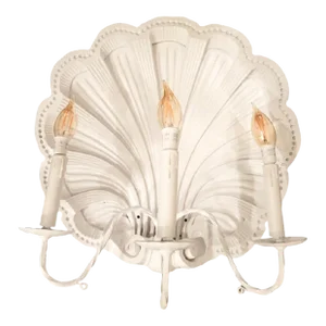 Rare Vintage Massive White Clam Shell Coastal Regency 3 Light Wall Sconce Light Fixture