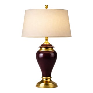Hollywood Regency Eggplant & Brass Table Lamp With New 17” Shade For Sale