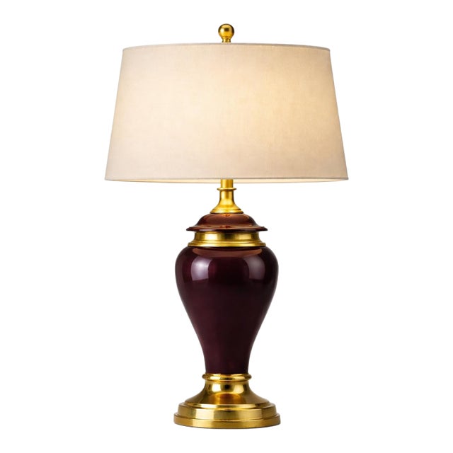 Hollywood Regency Eggplant & Brass Table Lamp With New 17” Shade For Sale