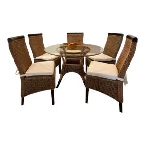 Rattan Patio Furniture Set, Glass Top Table and 5 Chair Set