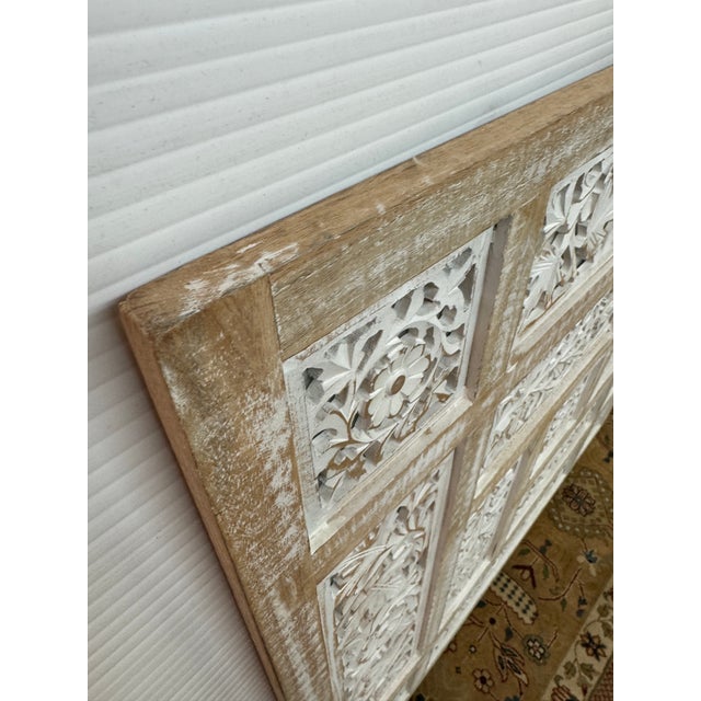 Bohemian Rustic Carved Mango Wood Wall Panel Mirror For Sale - Image 4 of 12