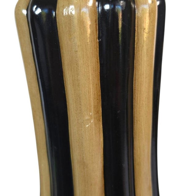 Art Deco Hollywood Regency Black & Tan Fluted Ceramic Vase Pair For Sale - Image 14 of 16