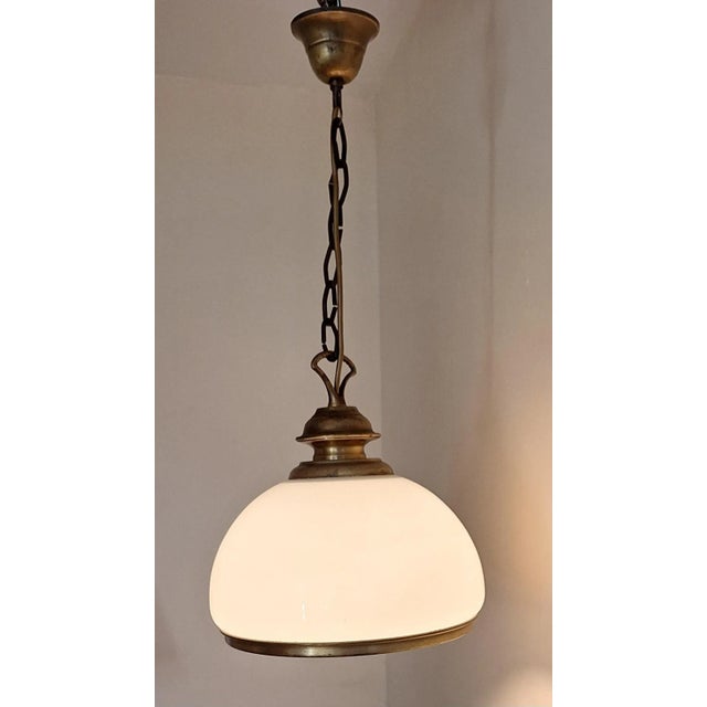 Metal Vintage Rustic Ceiling Lamp with White Glass Shade on Brass Mount, 1980s For Sale - Image 7 of 7