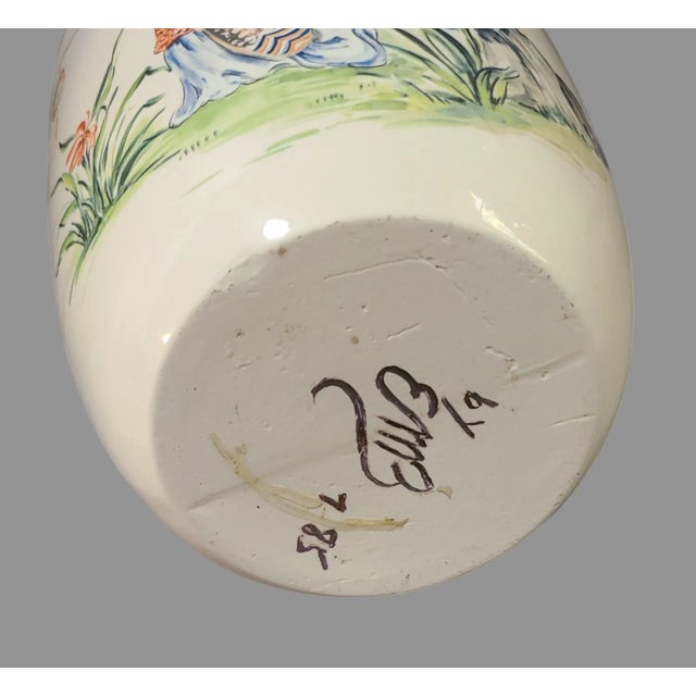 Red Vintage Asian Japanese Inspired Hand Painted Figural Geisha Floral Vase Signed For Sale - Image 8 of 9