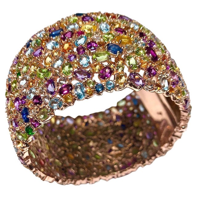 Bochic “Capri” Vintage Sapphire & Multi Gem Bangle Set In 18K Gold & Silver For Sale - Image 9 of 16