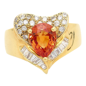 2.87 Carat Pear-Cut Orange Sapphire Heart Ring, Size 7 18k Gold