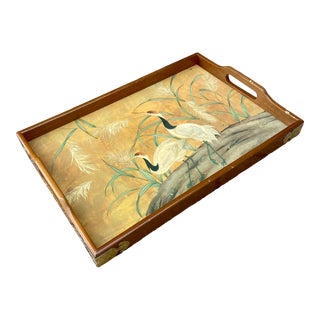 Vintage Chinese Asian Cranes Lacquered Wood Tray For Sale