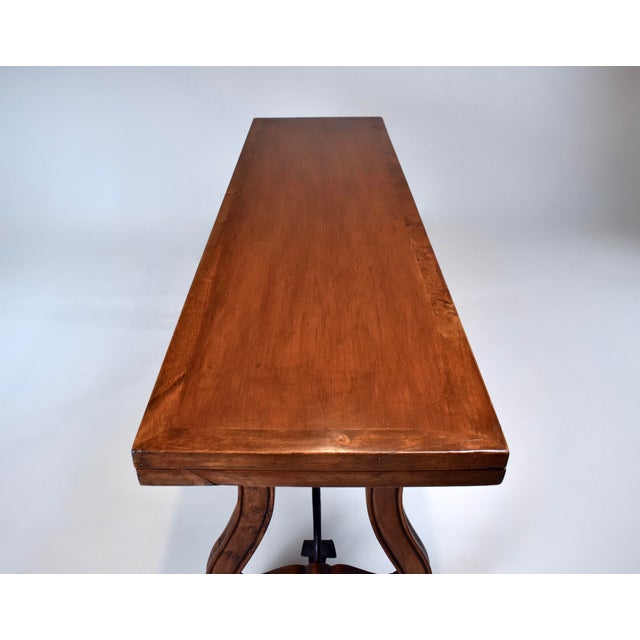 Wood 20th Century Spanish Fold Out Dining and Console Table With Iron Stretcher and Two Drawers For Sale - Image 7 of 17