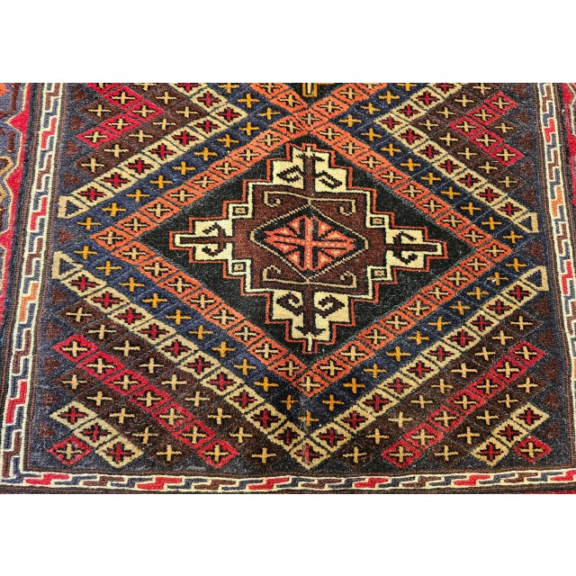 Vintage Afghan Baluch Tribal Area Rug in a Near-Square Size in Red, Blue, Brown For Sale - Image 13 of 17
