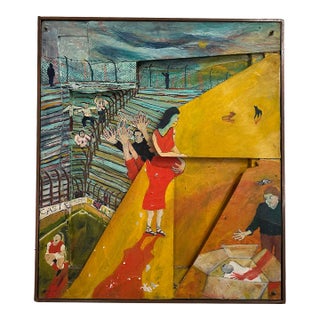 R W Multi Dimensional Modernist Surreal Painting Assemblage Figures For Sale