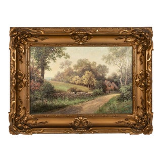 Antique American New England Summer Landscape Oil Canvas Painting Cottage Scene by Milton H. Lowell Circa 1890 For Sale
