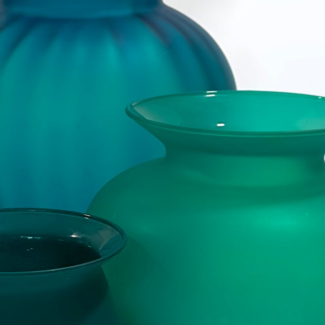 Sumptuous Frosted Shades of Jade Glass Vase Curation - Group of 3 For Sale - Image 16 of 17