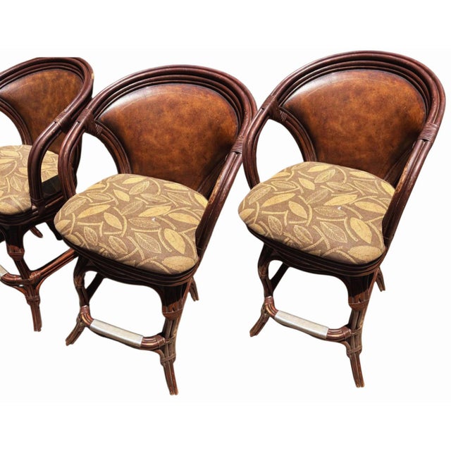 Wood 1970s Elevate Your Home Bar With This Set of 3 Premium Hooker Furniture Leather & Rattan Swivel Barstools! For Sale - Image 7 of 10