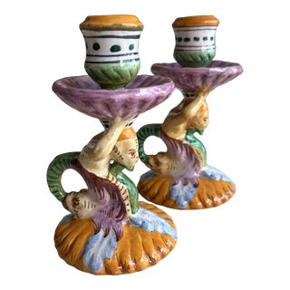 Italian Dolphin and Monkey Pottery Candle Holders For Sale