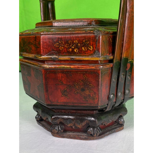 Antique Chinese Wedding Basket Octagonal Red Lacquer Wood Hand Painted Food Carrier For Sale In New York - Image 6 of 12