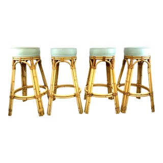 1960s Set of 4 Mid Century Cal-Asia Rattan Bar Stools With Mint Green Upholstered Seats For Sale