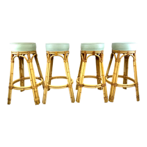 1960s Set of 4 Mid Century Cal-Asia Rattan Bar Stools With Mint Green Upholstered Seats