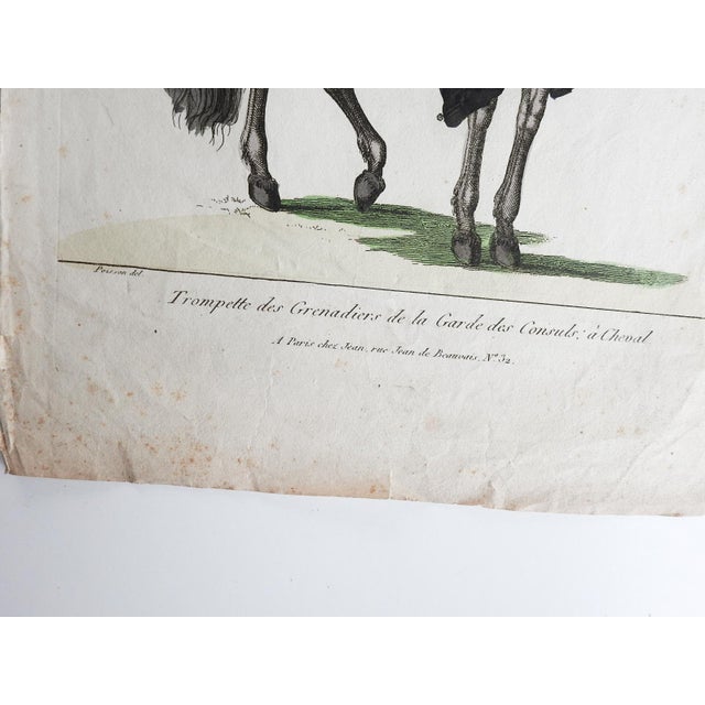 18th century hand colored engraving on laid paper of mounted french Horse Grenadier trumpeter. Titled Tompette des...