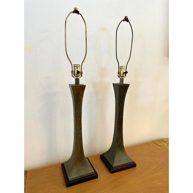 These lovely verdigris bronze patinated lamps are designed by Stewart Ross James for Hansen. In working condition with...