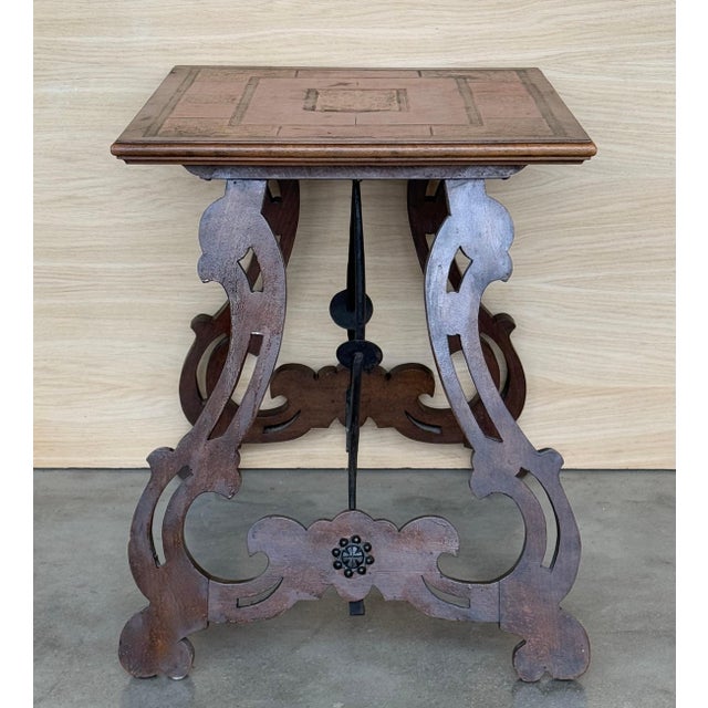 Spanish Baroque Side Table with Lyre Legs and Marquetry Top, 1850 For Sale - Image 10 of 18