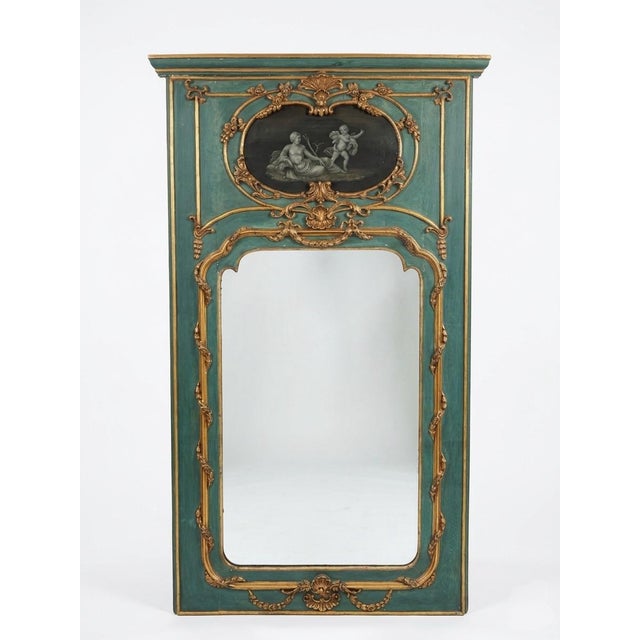 Neoclassical 1950s Pair of Neoclassical Trumeau Mirrors With Mythological Grisaille Panels For Sale - Image 3 of 7