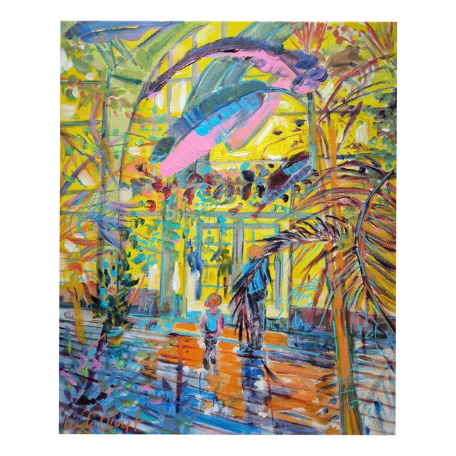 Linda Clerget, Greenhouse Lights at the Botanical Garden, Acrylic on Canvas For Sale