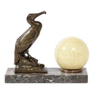 Art Deco Caste Bronze, Marble Base & Blown Glass Table Light by Maurice Frecourt