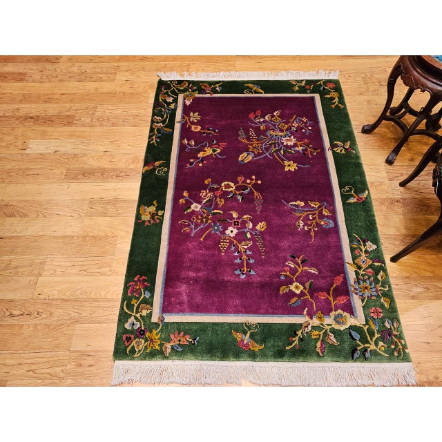 Textile Vintage Chinese Art Deco Area Rug, Handwoven Wool Pile, Floral Design, 4' x 6' For Sale - Image 7 of 18