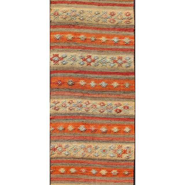 Colorful Vintage Turkish Kilim Runner With Stripes and Geometric Embroideries For Sale - Image 4 of 12