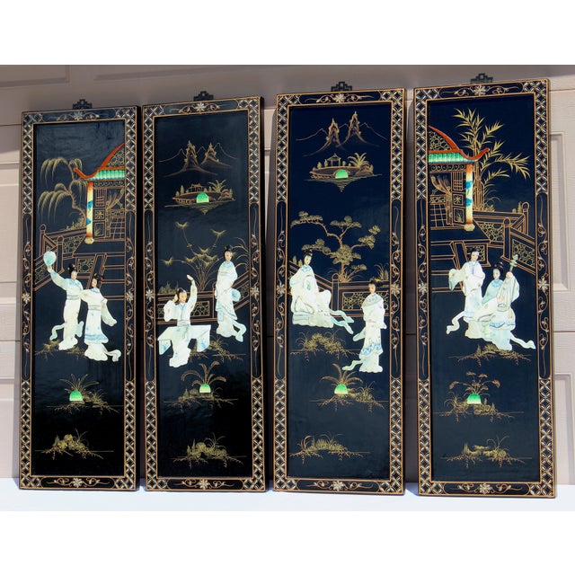Shell Vintage Chinese Black Lacquer Mother-of-Pearl Inlay Wall Panels - Set of 4 Chinoiserie Scenic Figures & Pagoda Landscape Art For Sale - Image 7 of 18