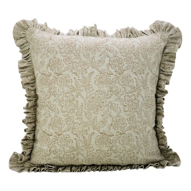 Fabdivine Ethnic Block Print Frill Cushion Cover Brown 18x18 Inch Pure Linen- Jarul For Sale