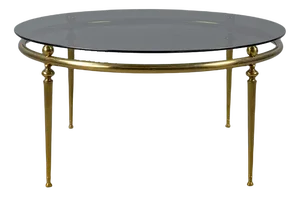 Classicist Coffee Table in Brass with Concave Fluted Legs and Smoked Glass Pane