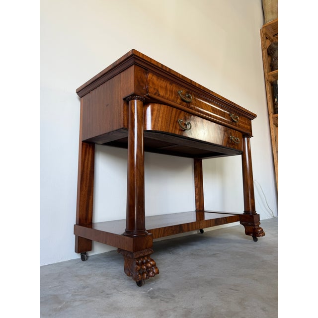 Wood Antique Empire Style Console Table With Carved Paw Feet & Casters For Sale - Image 7 of 17