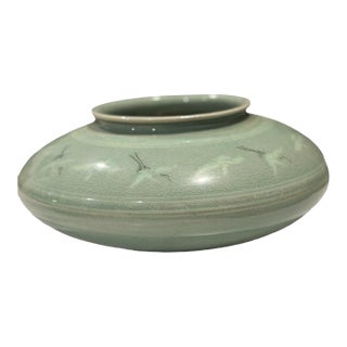 Vintage Asian Inlaid Crane Cloud Celadon Porcelain Vase For Sale