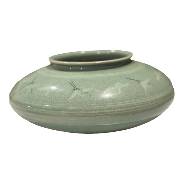 Vintage Asian Inlaid Crane Cloud Celadon Porcelain Vase For Sale
