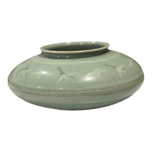 Vintage Asian Inlaid Crane Cloud Celadon Porcelain Vase