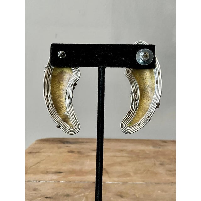Metal Vintage Boho Robin Schechtel Brass on Sterling Modernist Earrings For Sale - Image 7 of 12