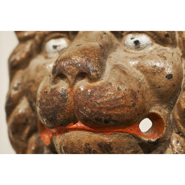 Gold Antique Lions Head in Polychrome and Cast Iron on Stand, 1890s For Sale - Image 8 of 11