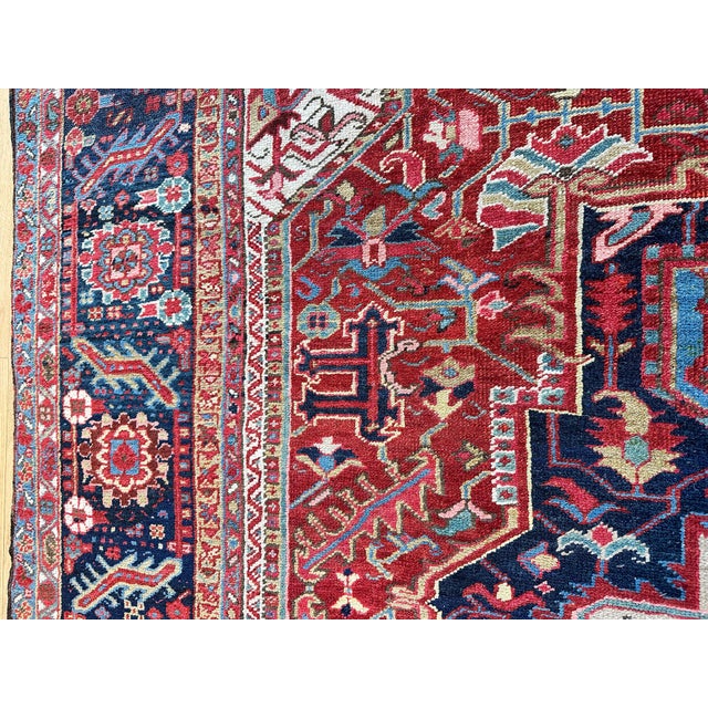 Antique Persian Heriz Carpet Handmade Wool Oriental Rug, Rusty/Red Field, Navy For Sale - Image 12 of 18