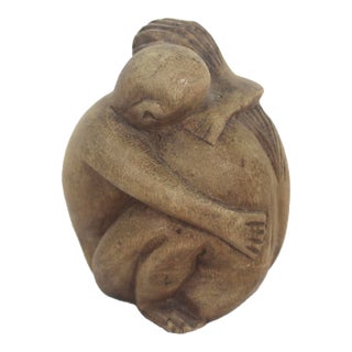 Vintage Hand Carved Wood Hugging Couple Sculpture Lovers For Sale