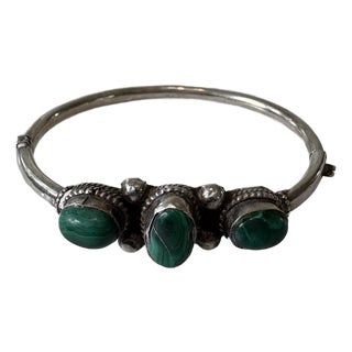 Sterling Silver and Malachite Handed Bangle Bracelet With Clasp For Sale
