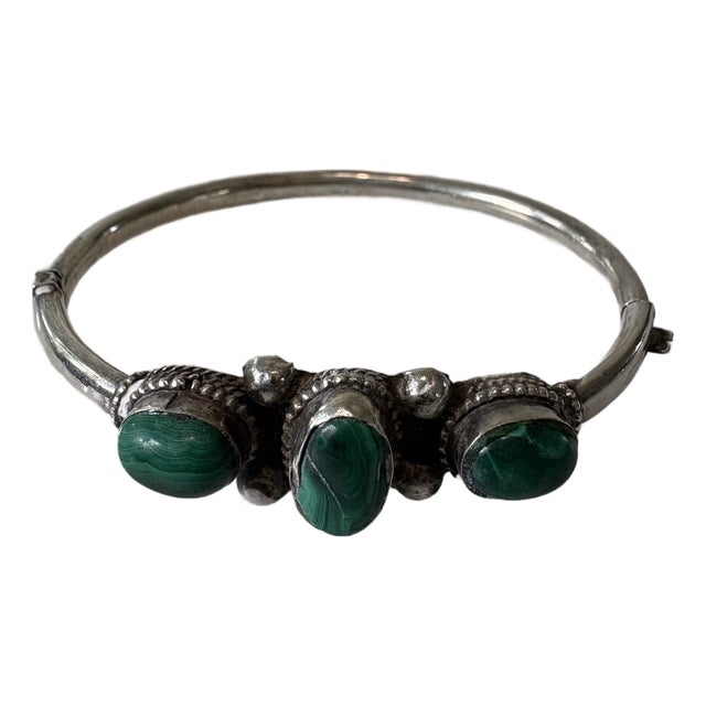 Sterling Silver and Malachite Handed Bangle Bracelet With Clasp For Sale
