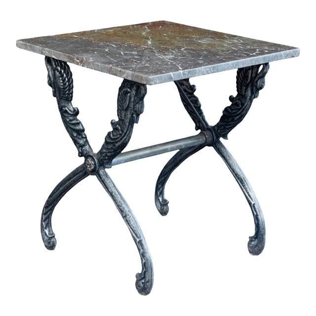 French Garden or Conservatory Table With Marble Top Over Polished Steel For Sale