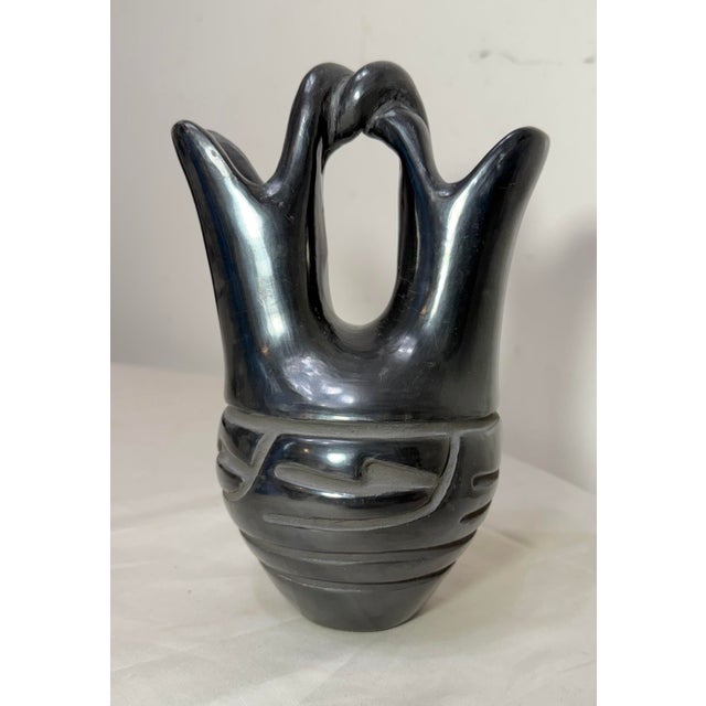 Native American Jane & Starr Santa Clara Pueblo Black Pottery Wedding Jar Vase For Sale - Image 4 of 11