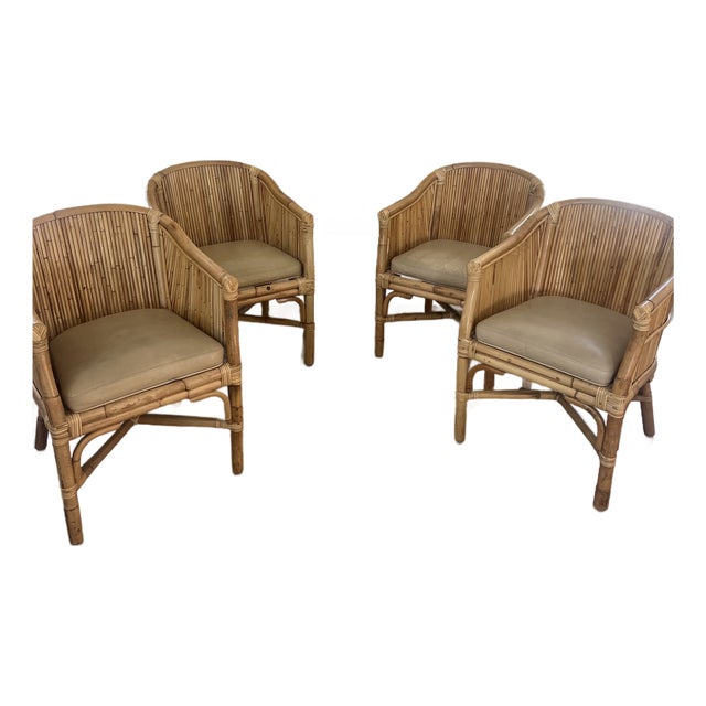 Vintage McGuire San Francisco Rattan Barrel Back Dining Chairs With Leather Seats — Set of 4 For Sale
