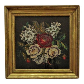 19th C. Victorian Roses Still Life Needlework With Yarn & Beads Beaded Flowers For Sale